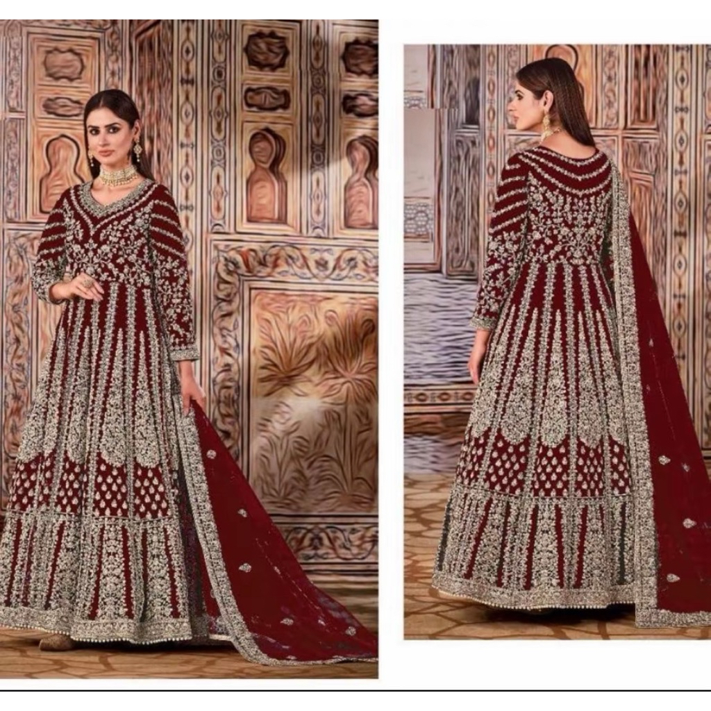 Dress Wanita India Bordir Timbul Mewah  | Maxi Pesta  Elegan Set Dupatta