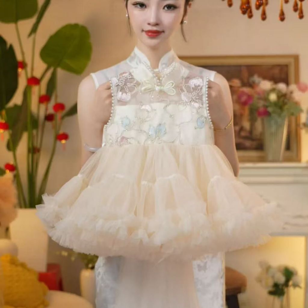 gaun cheongsam anak perempuan dress pesta mewah kuning krem cream pearl mutiara bordir tutu tule pri