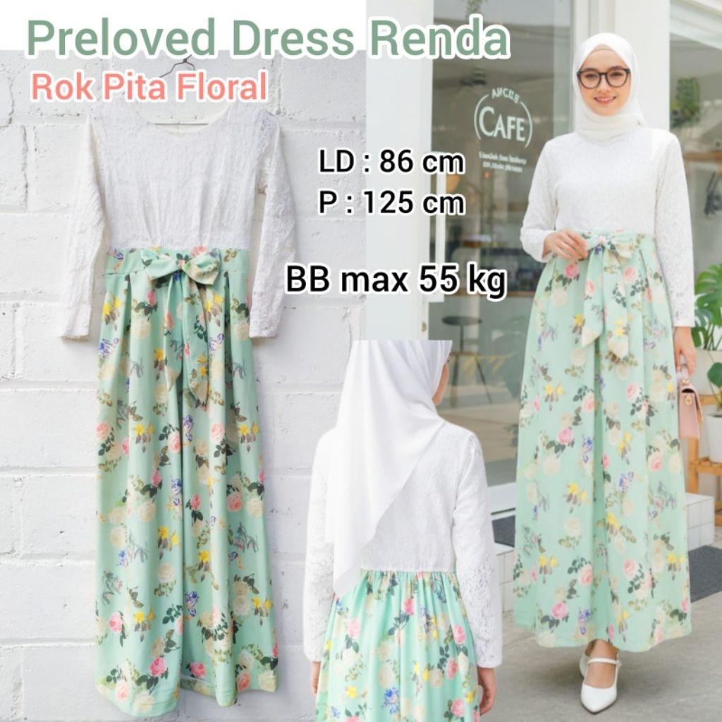 Preloved Dress Muslimah Renda Pita Floral warna putih kombi mint