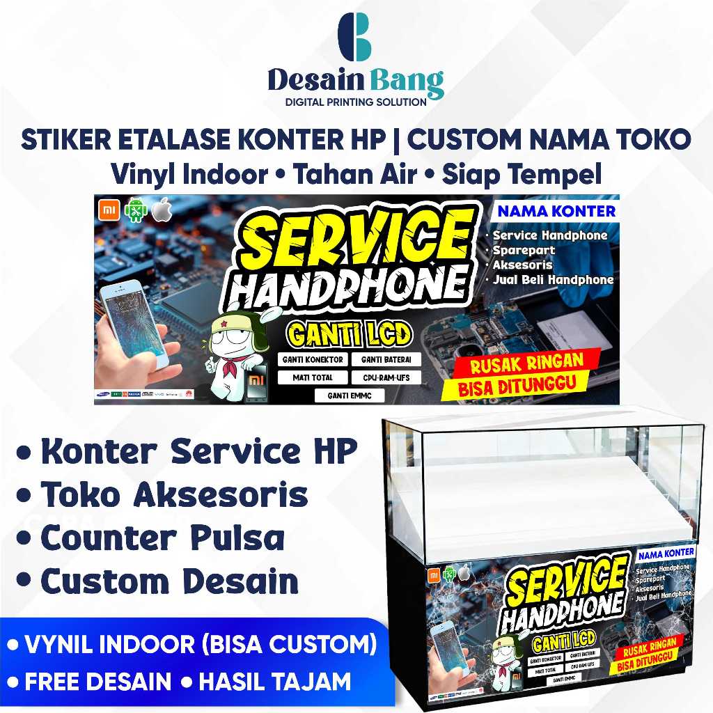 Stiker Etalase Konter HP Custom Nama Toko | Service HP | Vinyl Indoor | Siap Tempel
