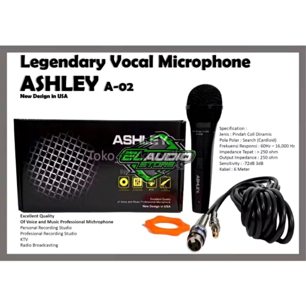 Mic Kabel ASHLEY A-02B Dynamic / Microphone Karaoke Ashley A 02 B Series Original