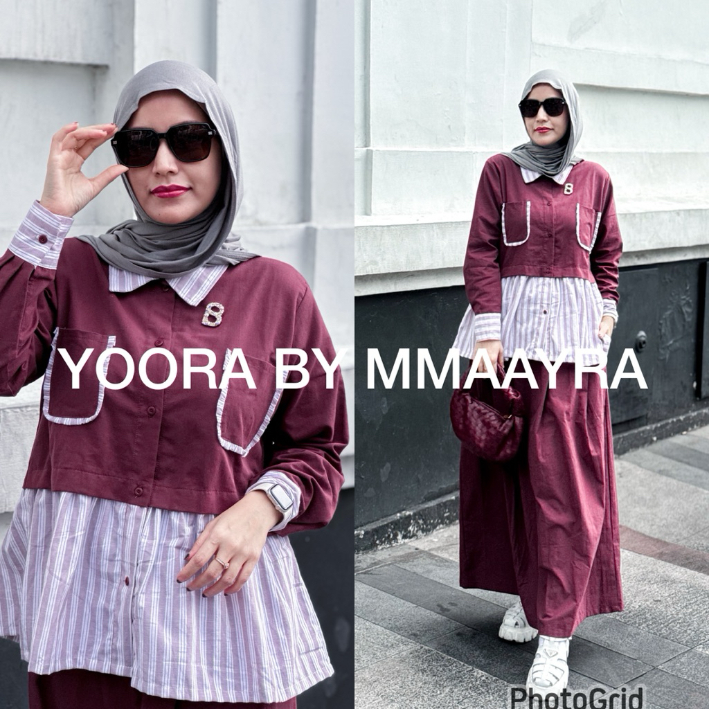 Mmaayra - YOORA BY MMAAYRA - Baju muslim wanita terbaru setelan kemeja dan rok katun linen warna mar