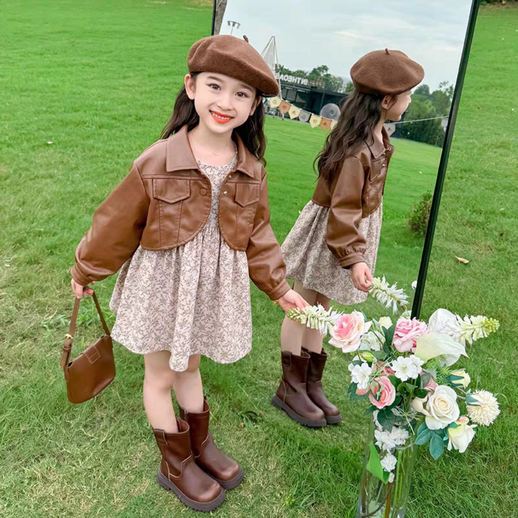 DR63,Dress Gaun Set 2in1 Anak Perempuan Rok Bunga Dan Jaket Kulit ModisTrendi