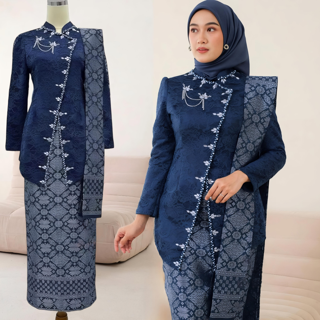 Setelan Kebaya Tunik Brokat Payet Miring Mix Songket Palembang Dengan Selendang Modern Elegan Atasan
