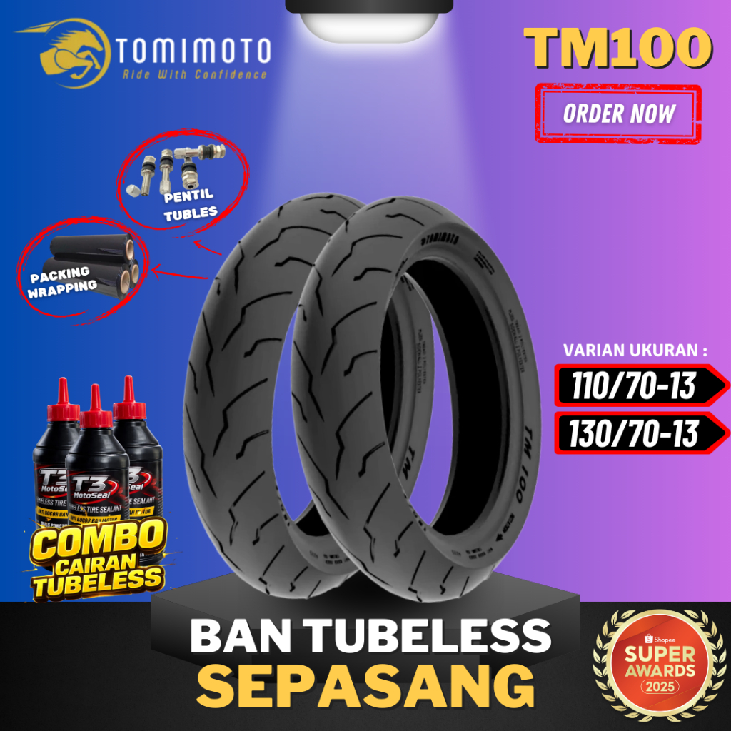 [SEPASANG MURAH] BAN TOMIMOTO TM100 RING 13 / ( 110/70-13 & 130/70-13 ) BAN TOMIMOTO TUBELESS TUBLES
