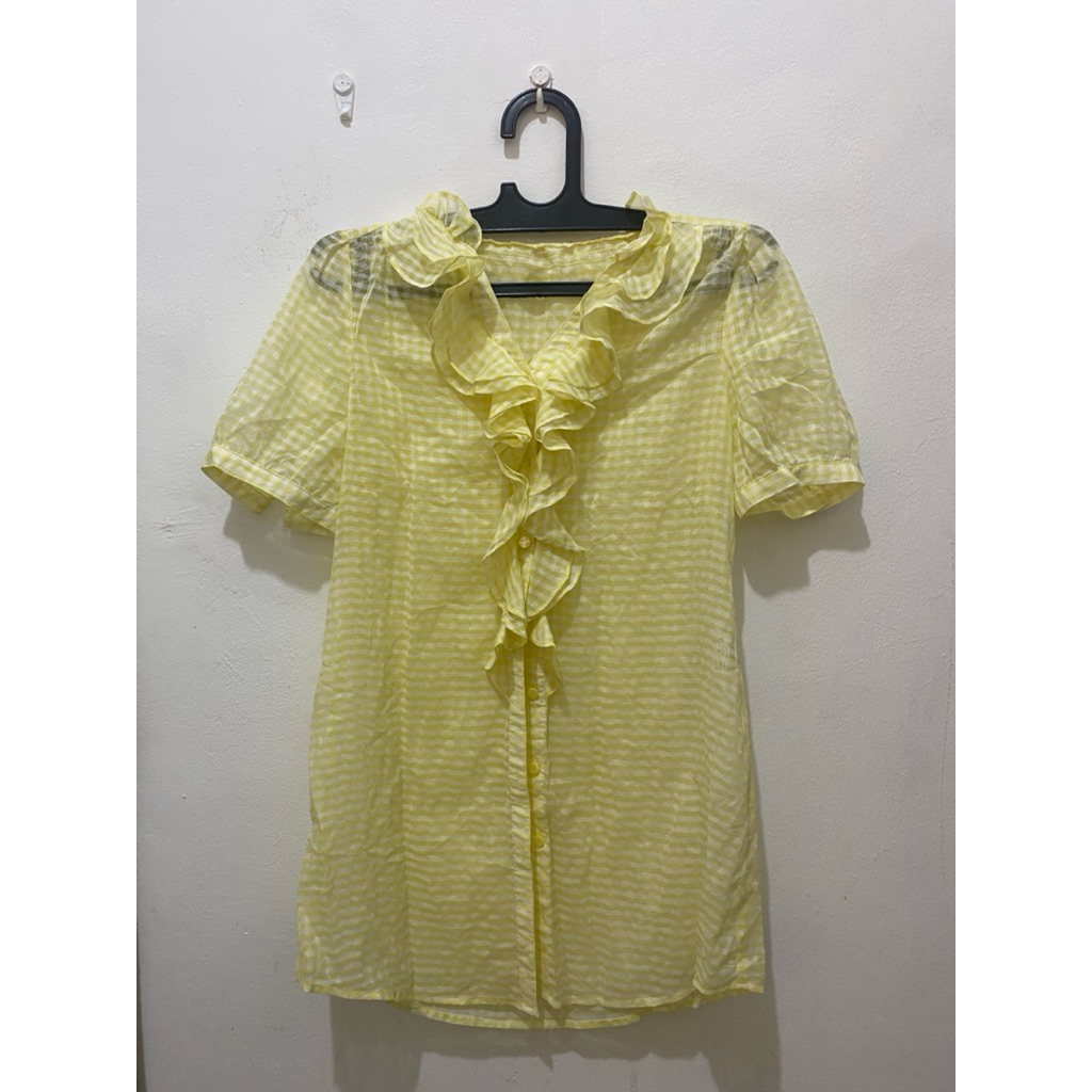 Blouse Ruffle Kotak-Kotak Kuning Pastel