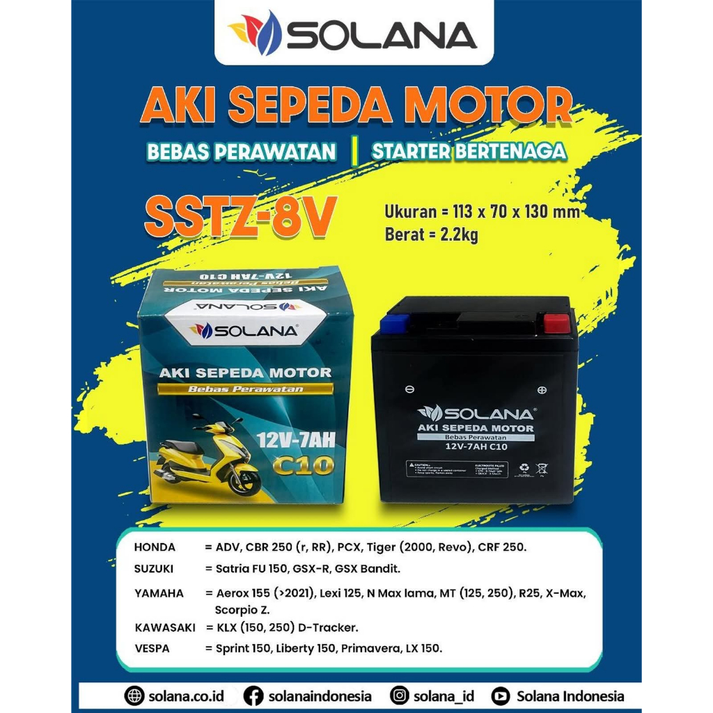 AKI MOTOR BIKE SOLANA 12V 7AH - BATTERY MOTOR BIKE 7AH 12V AKI MOTOR SOLANA SSTZ 8V AKI MOTOR 12V 7A
