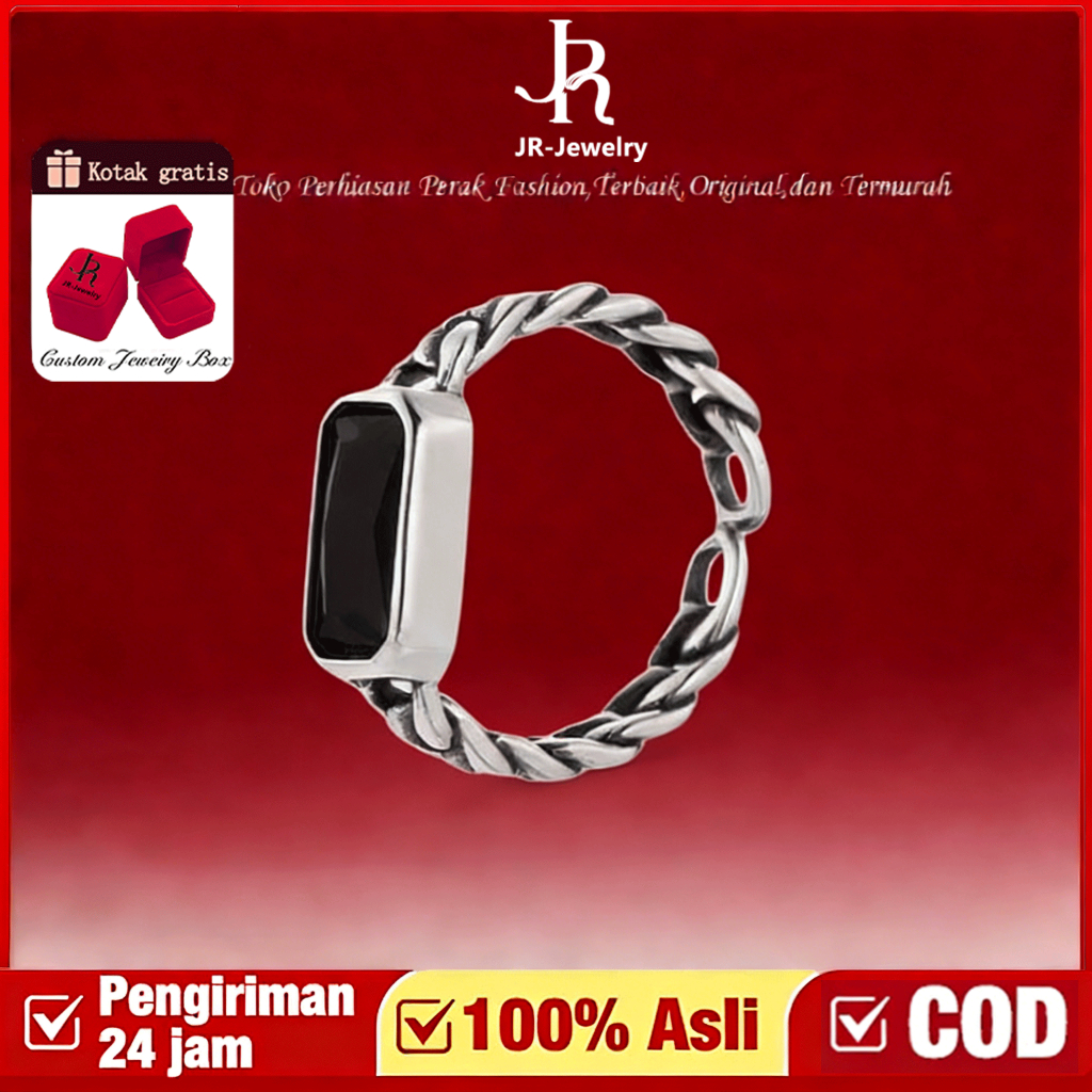 JUST RIGHT Cincin Batu Obsidian Cincin Jari Telunjuk Perak Murni S925 Batu Akik Hitam Desain Fashion