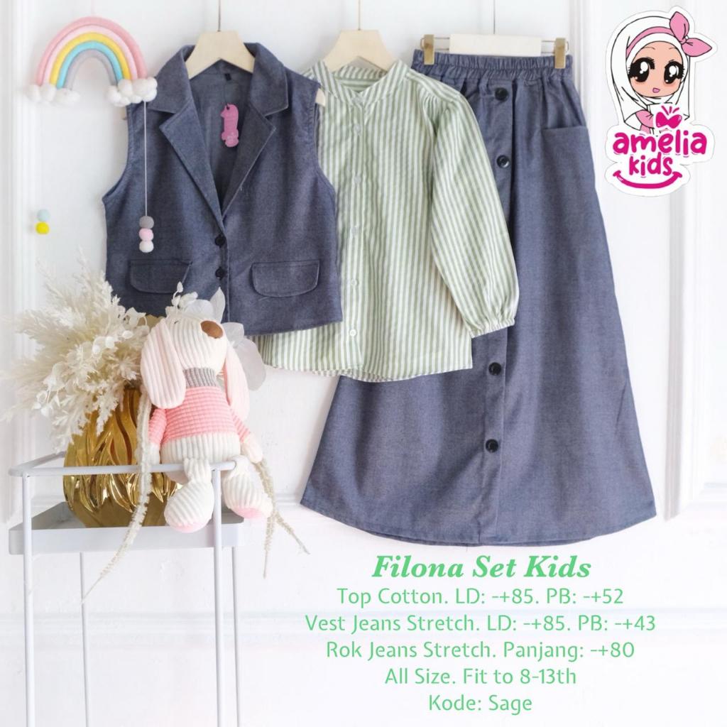 Filona Set Kids 3in1 Original Amelia Kids Kemeja Lengan Panjang Cotton Stripe Vest Blazer Jeans Stre