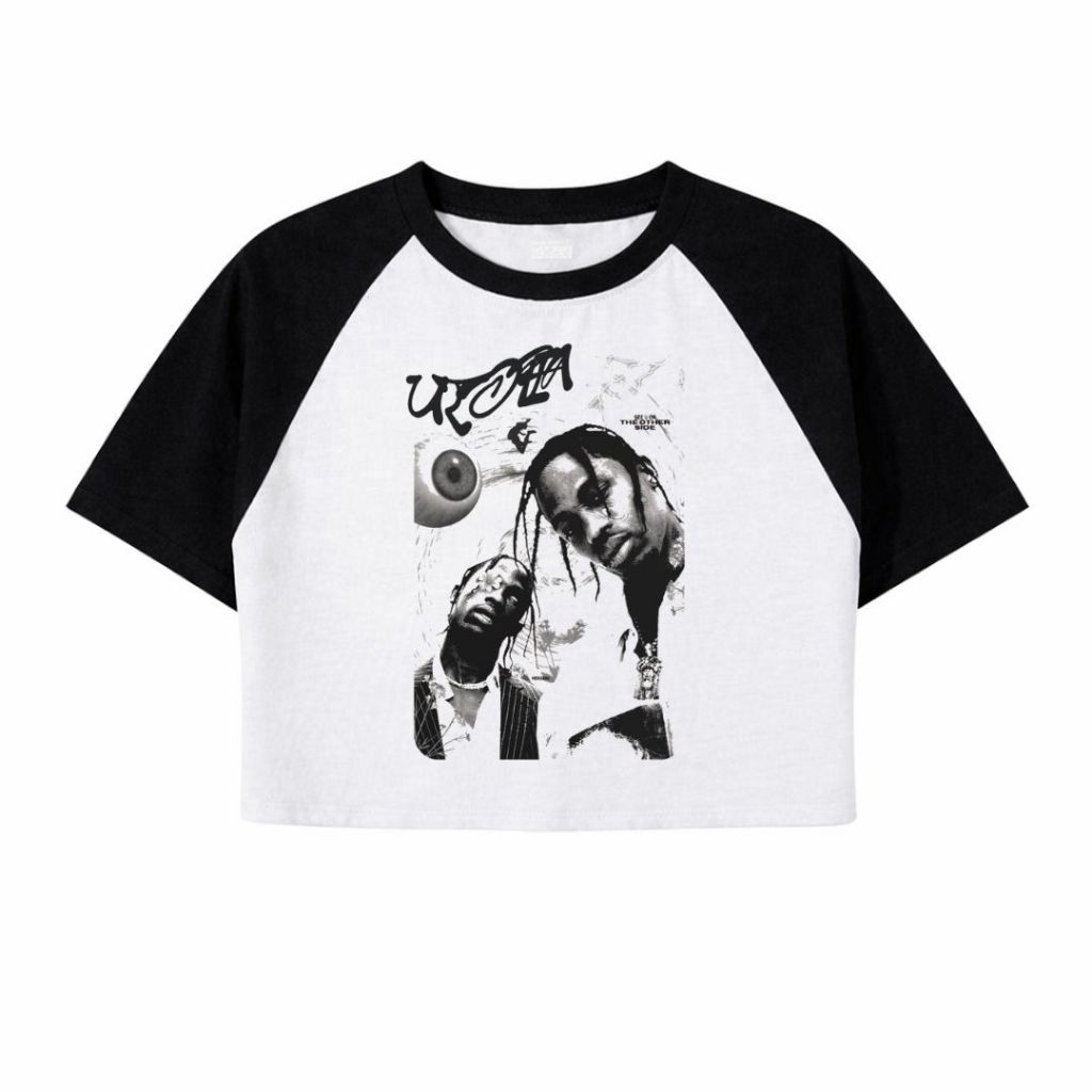 Psycho Crucify "Utopia" Crop Top Raglan | Crop Tee | Kaos Wanita | Vintage | Atasan | Travis Scott