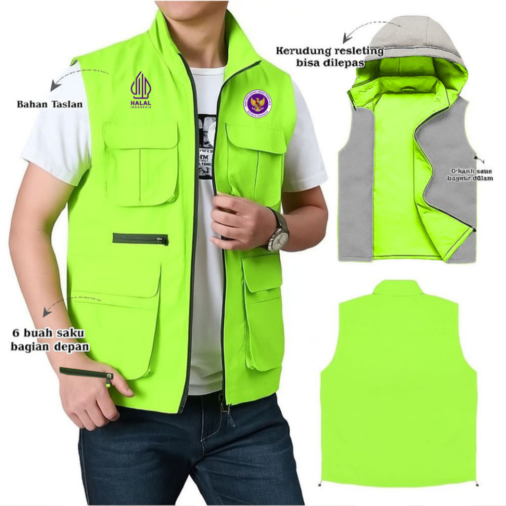JAKET VEST BPJPH HALAL INDONESIA DISTRO / JAKET ROMPI KANTONG PARASUT TERBAARU / FREE CUSTOM SABLON