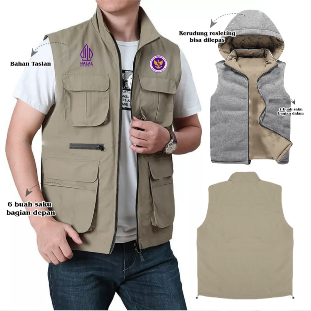 JAKET ROMPI HALAL BPJPH CUSTOM SABLON TERBARU / VEST KANTONG DISTRO SABLON KEREN / JAKET ROMPI KANTO