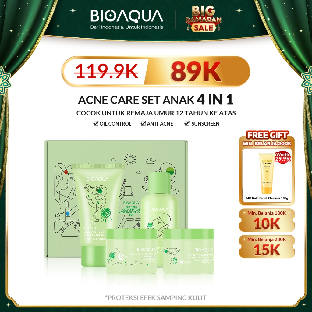 BIOAQUA Skincare Anak 12 Tahun Tree Oligopeptide Anti Acne Set 4pcs Untuk Jerawat Dan Bekas Jerawat 
