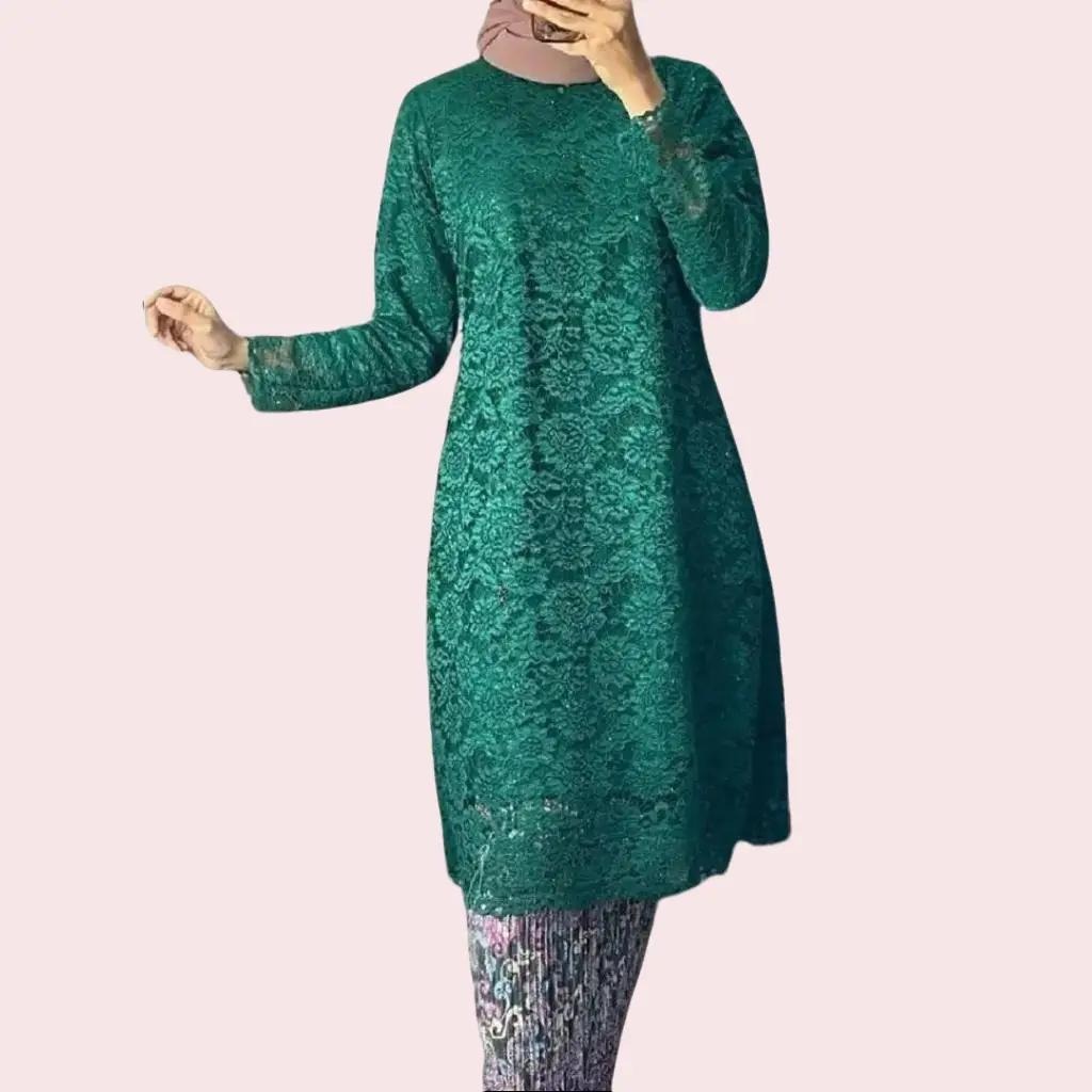 Atasan Kebaya Tunik Kurung Bahan Brukat Premium untuk Pesta Kondangan Warna Hijau Botol