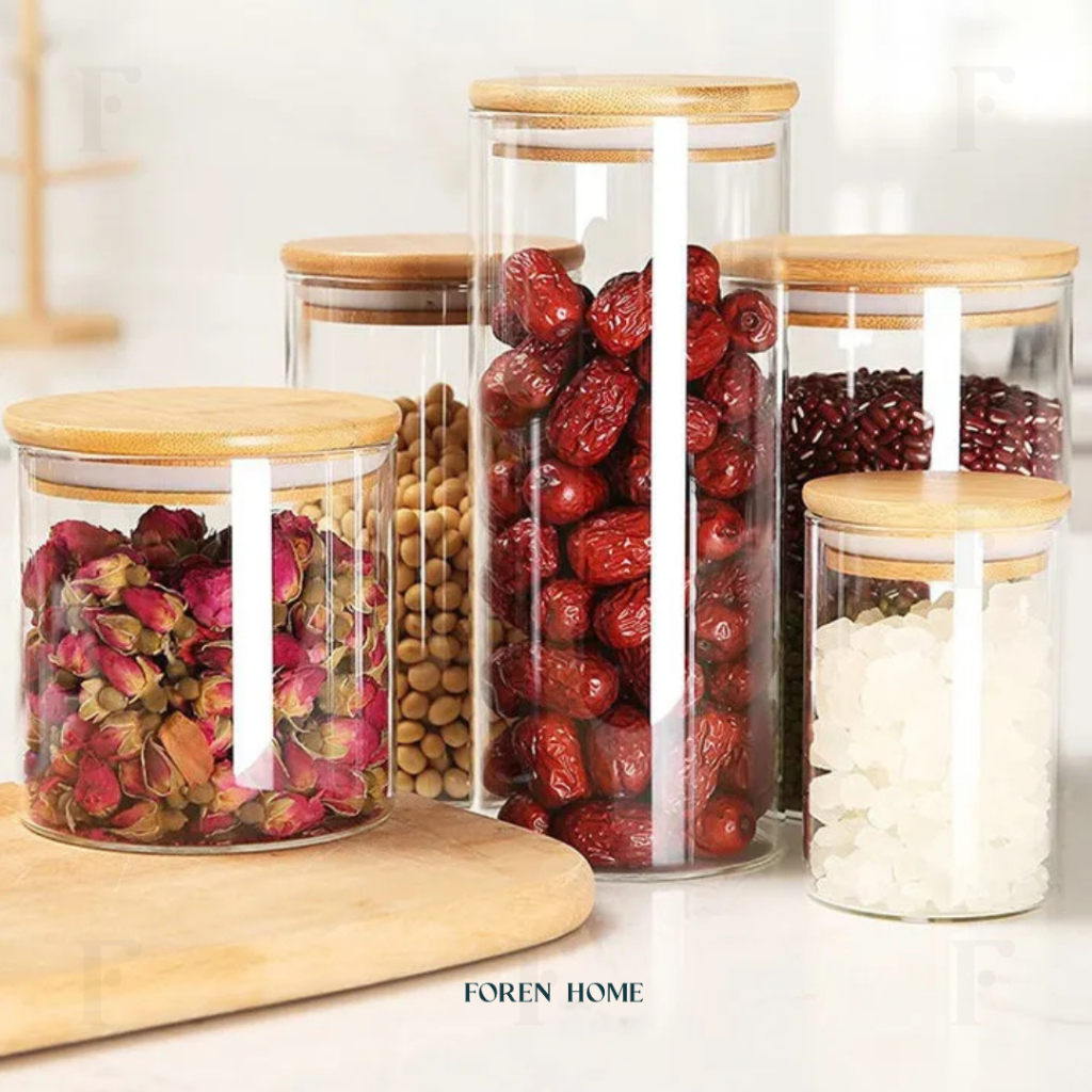 Jason Jar | Organizer Bumbu kaca tutup bambu karet | Toples Kaca