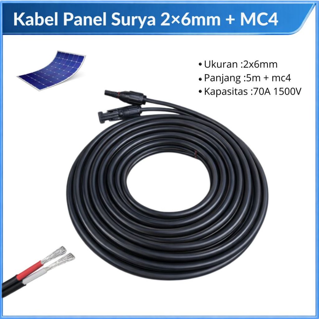 Kabel Panel Surya 2x6mm Dual Core Kabel Solar Outdoor DC 1500V Free MC4 Konektor Kabel Solar Panel