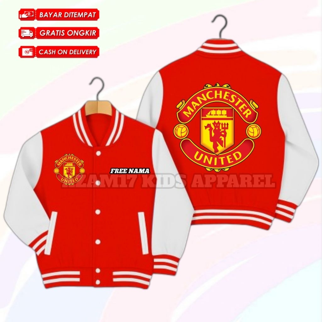 (BISA COD) Jaket Varsity Baseball Anak Manchester United Free Nama / Jaket Varsity Anak Club Manches