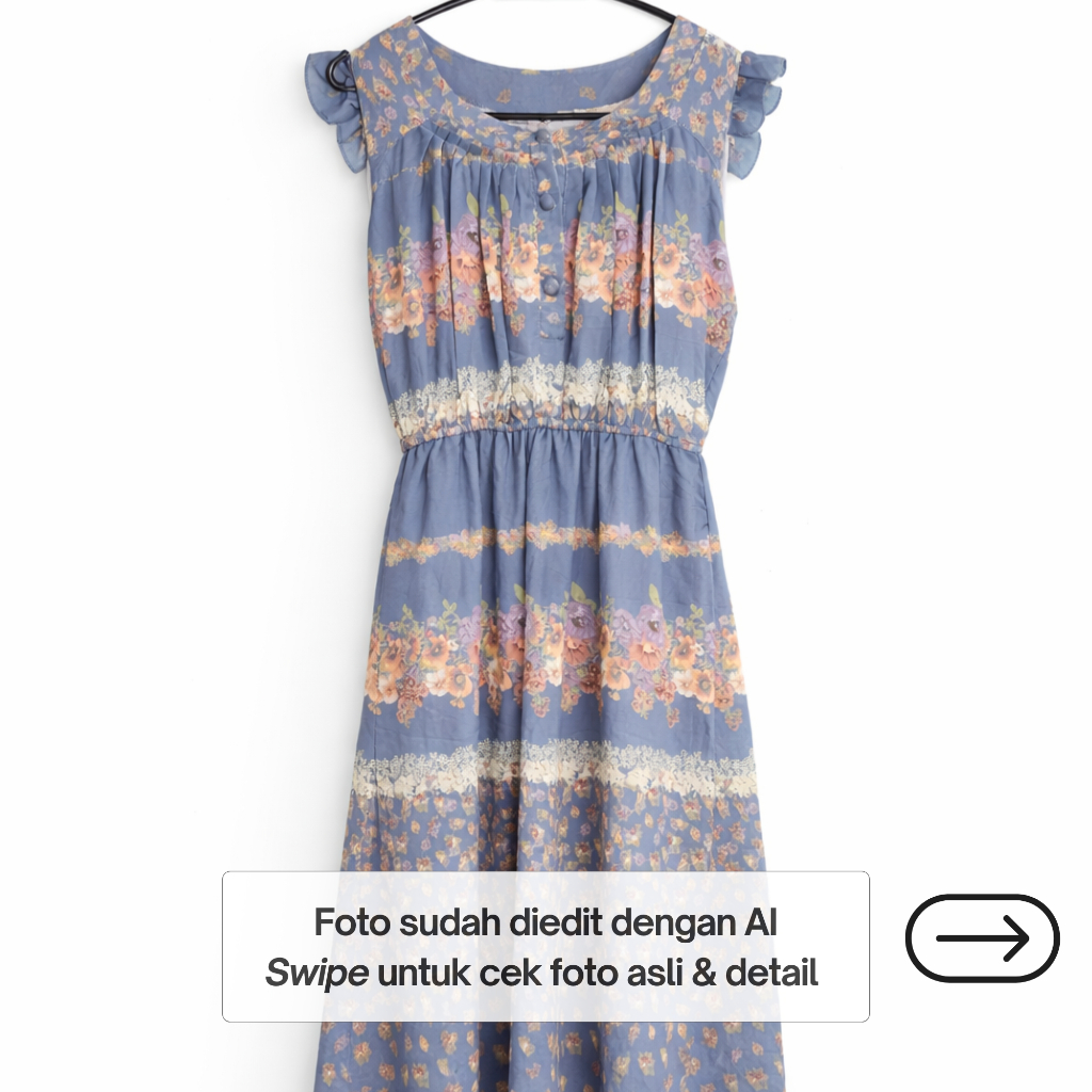 Midi Dress Floral Vintage Biru Sleeveless Ukuran S-M Pinggang Karet | Atasan Wanita Feminin Tanpa Le