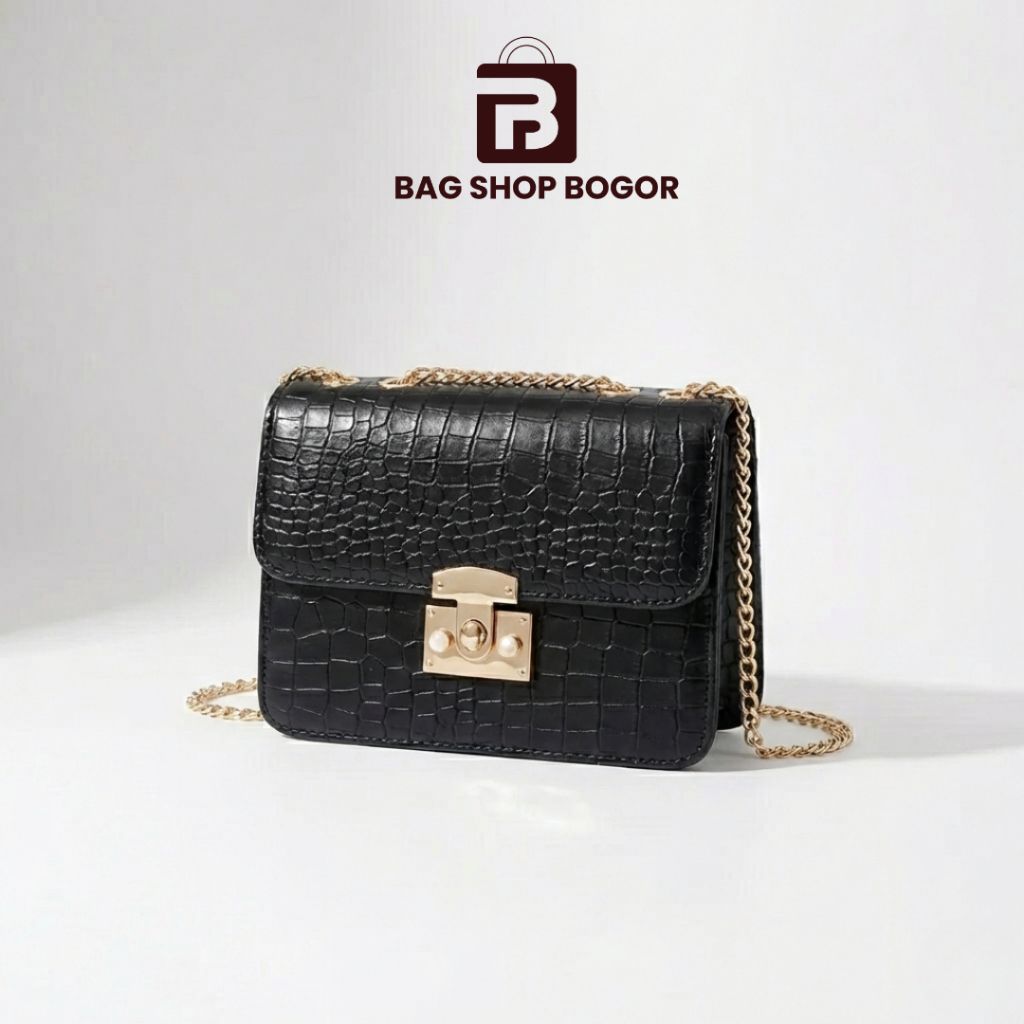 Tas Wanita Malvia Sling Bag Hitam Croco Rantai Gold – Elegan & Kekinian