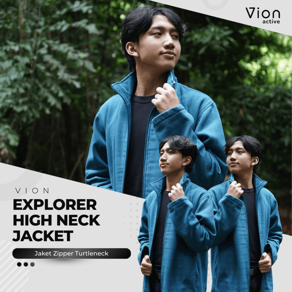 Vion Explorer High Neck Jacket - Jaket Zipper Turtleneck Pria Cotton Fleece 330 GSM Grey Deep Blue