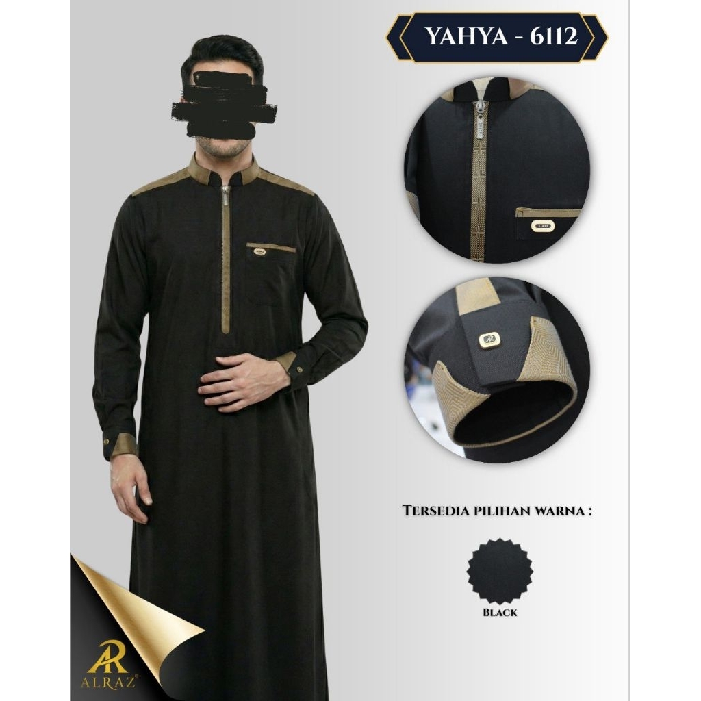 Jubah / Gamis ALRAZ Yahya Hitam Zipper Lengan Panjang Premium Terbaru