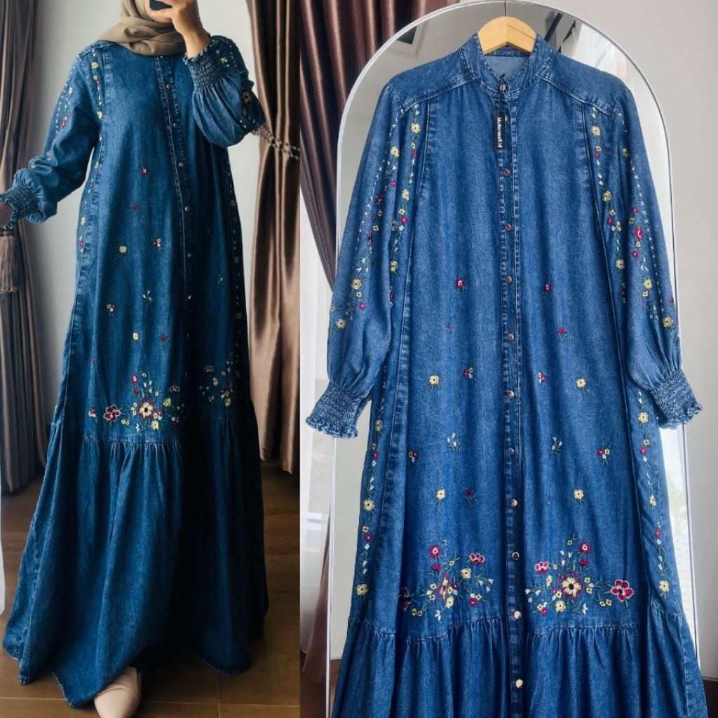 Sabrina Dress Jeans | Nesya Gamis jeans | Gamis jeans bordir |Abaya Jeans | gamis murah | gamis bord