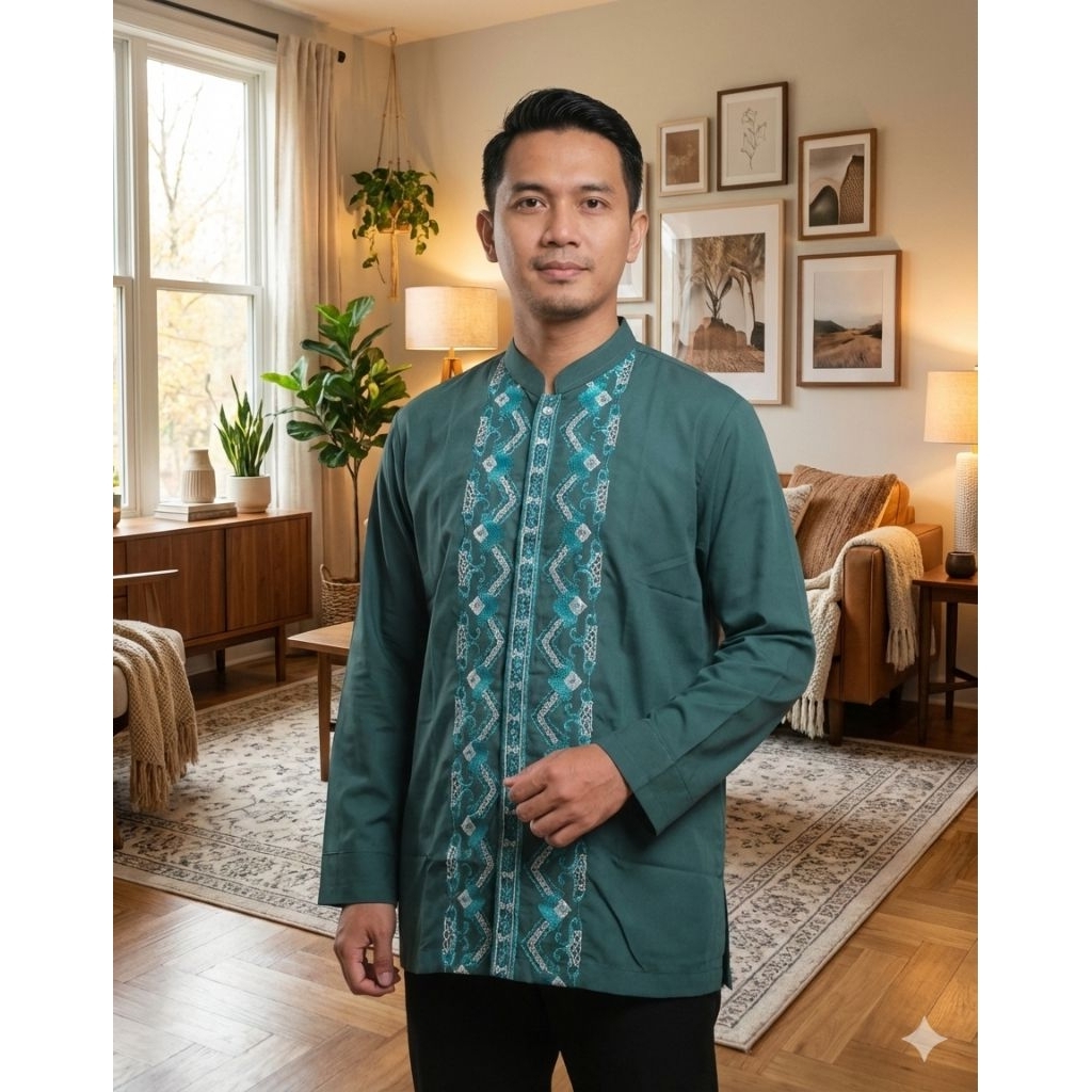 Baju Koko Pria Bordir Premium Lengan Panjang Modern Terbaru 2026 Warna Hijau Botol Slim FitKoko Pria