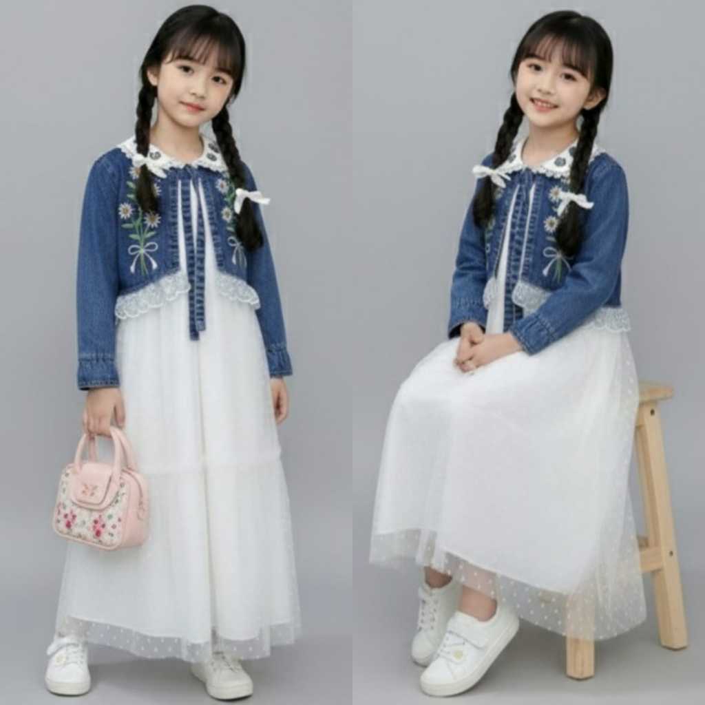 Set Hijab Gamis Anak Perempuan  Gamis Sultan  Usia (3-10th) Gamis Anak Jeans Mix Brukat