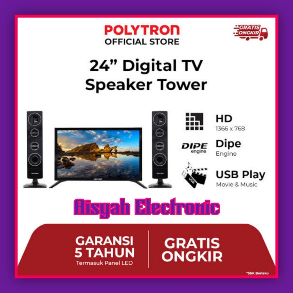 TV LED POLYTRON 24 INCI 24TV1855 SOUND TOWER GARANSI RESMI