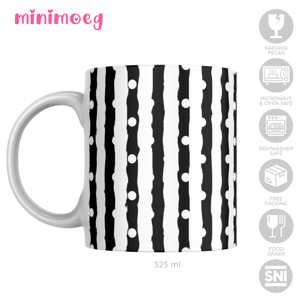 Mug Custom Motif Garis Gelas Monokrom Hitam Putih Cangkir Kopi Unik Gelas Aesthetic Minimalis