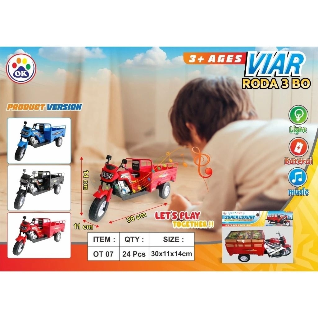 Mainan Anak Motor Viar Roda 3 BO Lampu Musik Mainan Mobil Tossa Bak OT 07