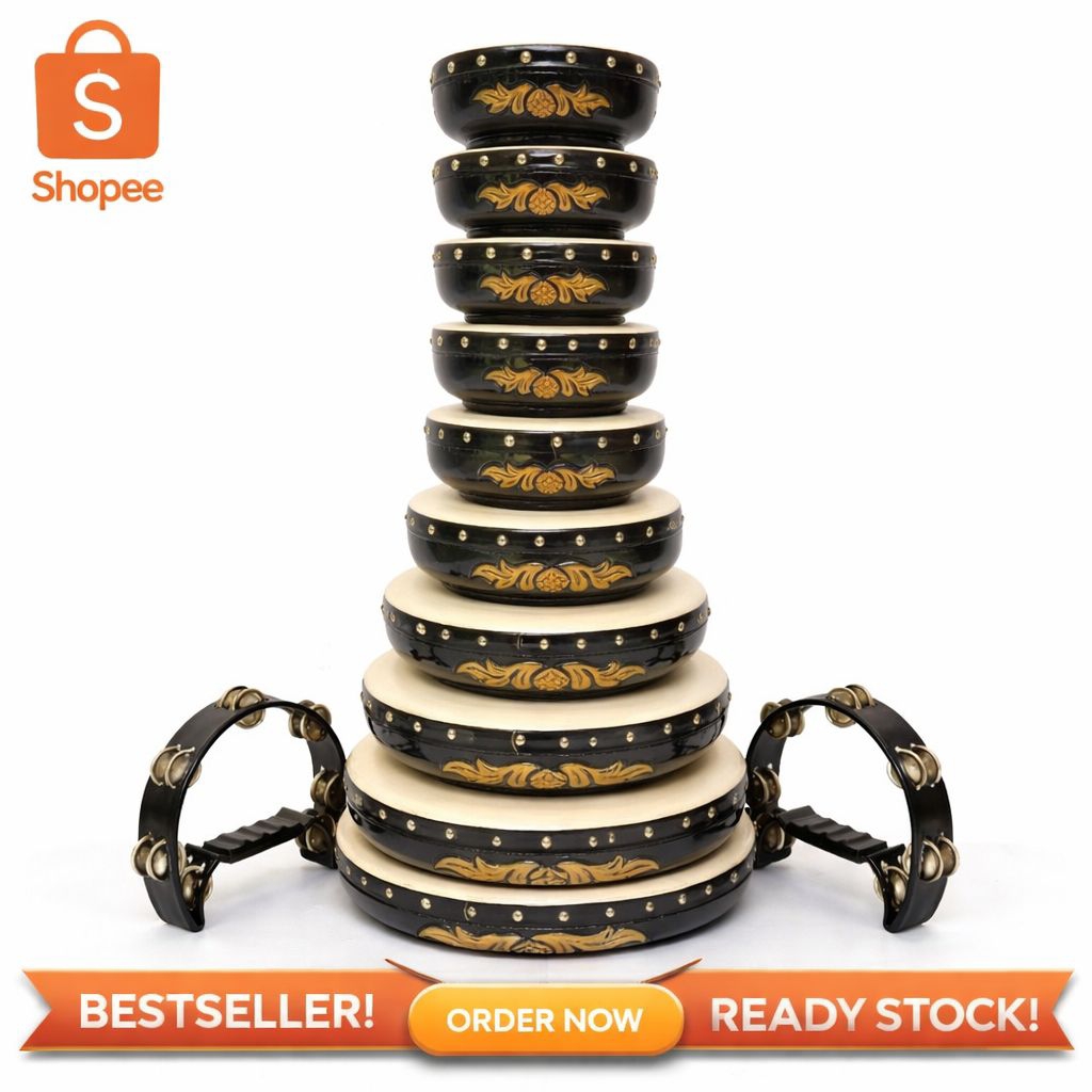 Rebana Qasidah Set Lengkap 12pcs - Rebana Ukir Premium Hitam Gold - Suara Nyaring dan Kuat