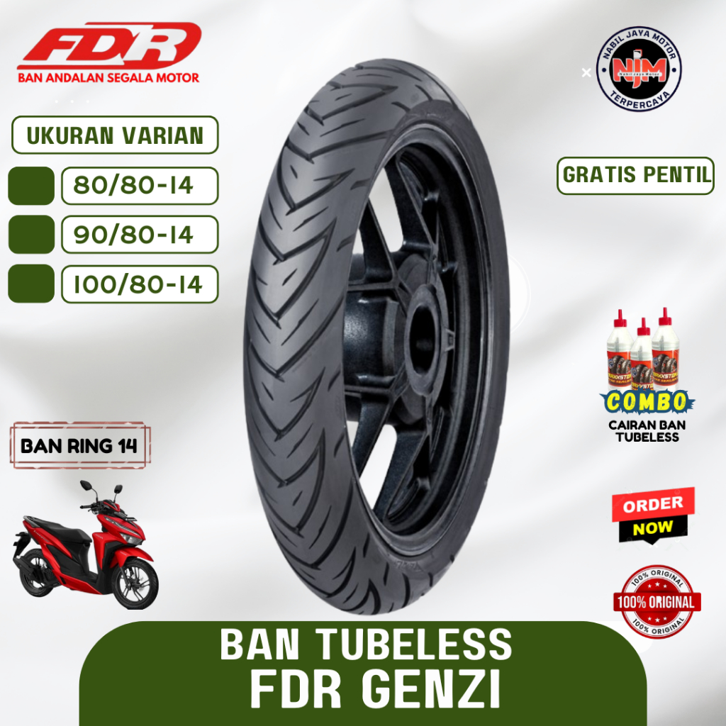 BAN TUBELESS FDR GENZI RING 14 ( 80/80 ) , ( 90/80 ) , (100/80 ) FREE PENTIL 100% ORIGINAL
