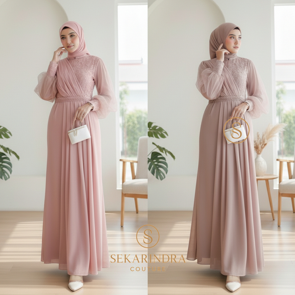 Adeva Dress Gamis Kondangan Muslim Bridesmaid Pesta Ceruty Mix Brukat Busui Frendly Wanita Kekinian