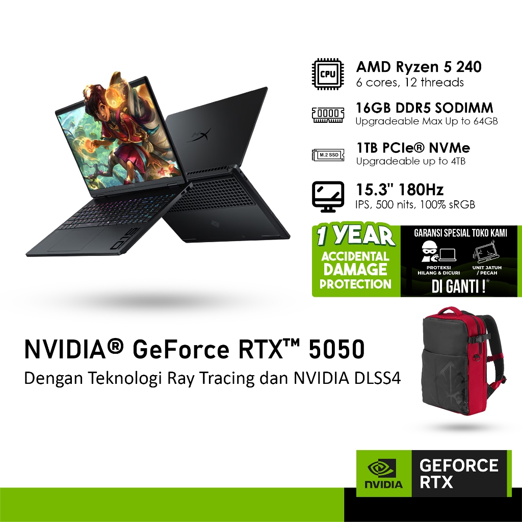 HP HYPERX OMEN 15 GB0555AX GeForce RTX™ 5050 8GB - RYZEN 5 240 16GB 1TB WINDOWS 11 15.3 WQXGA 180HZ