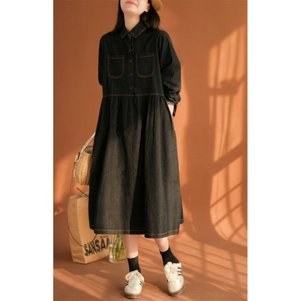 Midi dress denim baby doll[Wang yi ge]