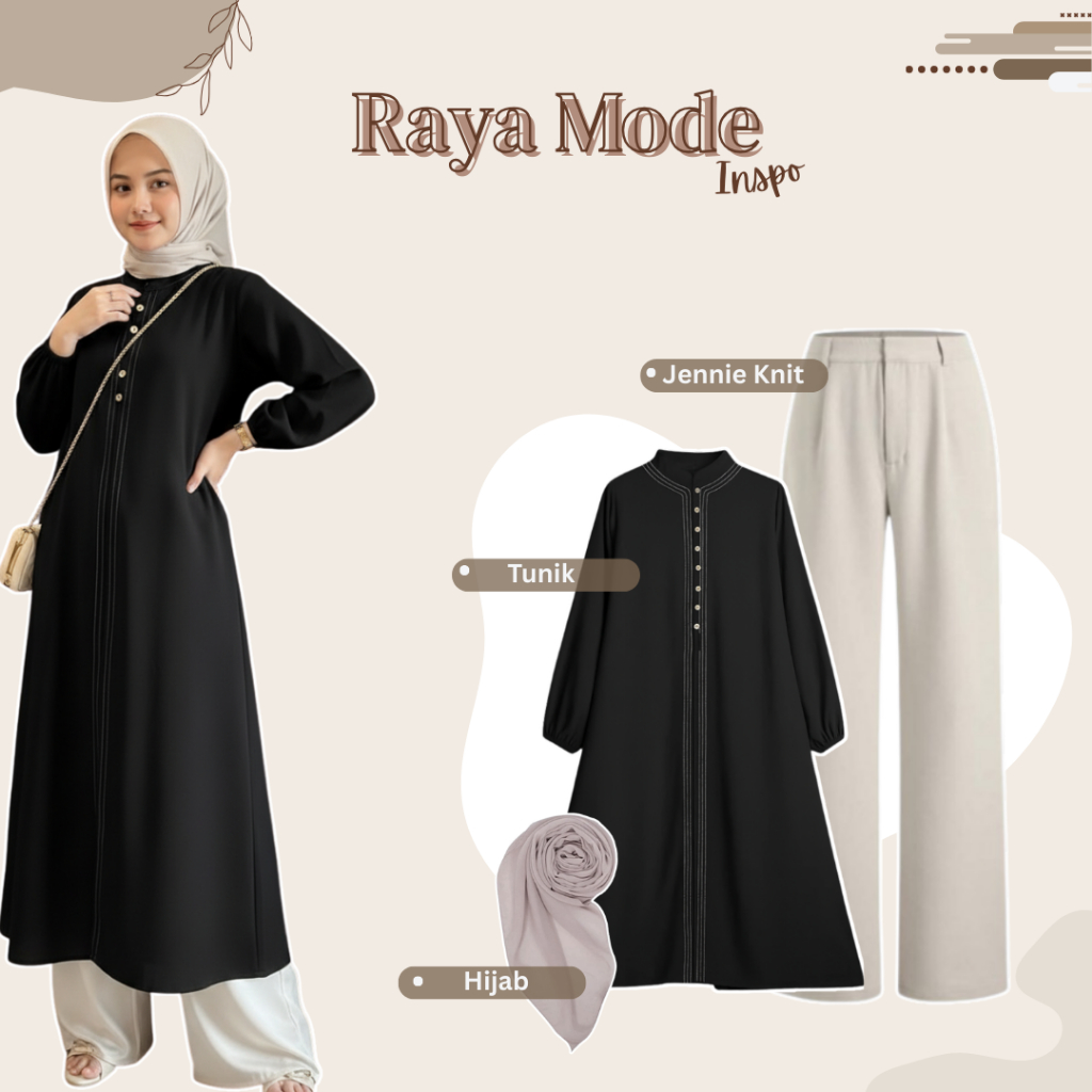 One Set Edisi Raya || Ootd Kekinian - Tunik Ayunda Hitam + Jennie Knit + Hijab Bella Square + Tas Sh