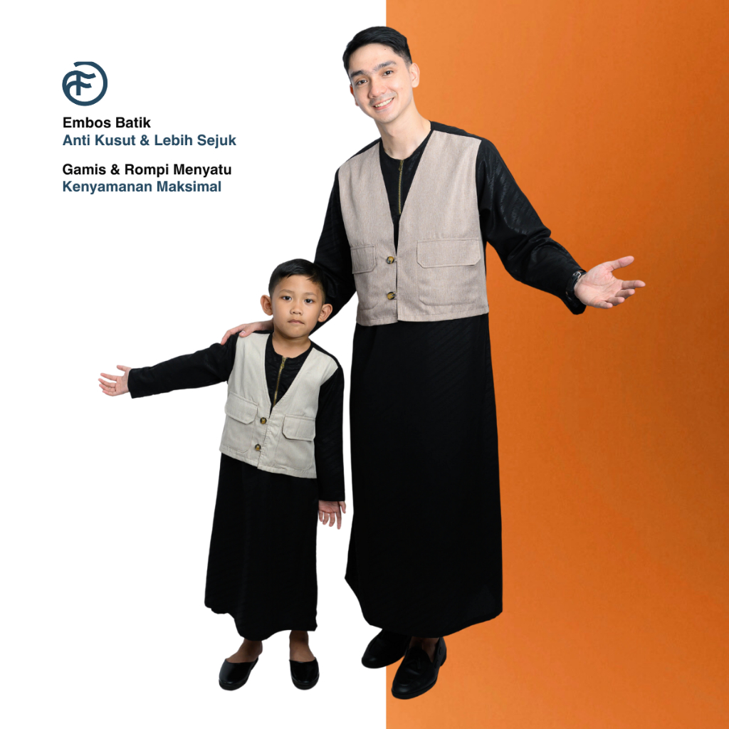 FOBDG Nusantara Gamis Rompi Bungur Pria Dewasa Menyatu Rompi Embos Muslim Pria Couple Ayah Anak