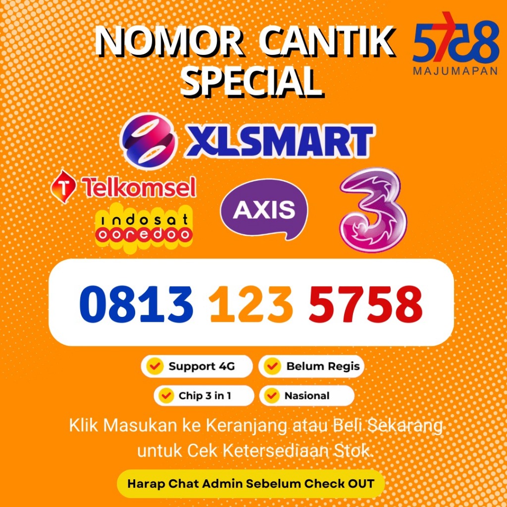 Nomor Cantik Special Seri MAJU MAPAN - Perdana Cantik Seri 5758 SEGEL- Bonus Kuota Hingga 3GB
