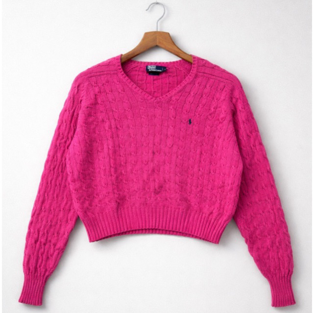 Sweater Polo Ralph Lauren Boxy Crop V-Neck Cableknit Rajut Full Kepang Magenta