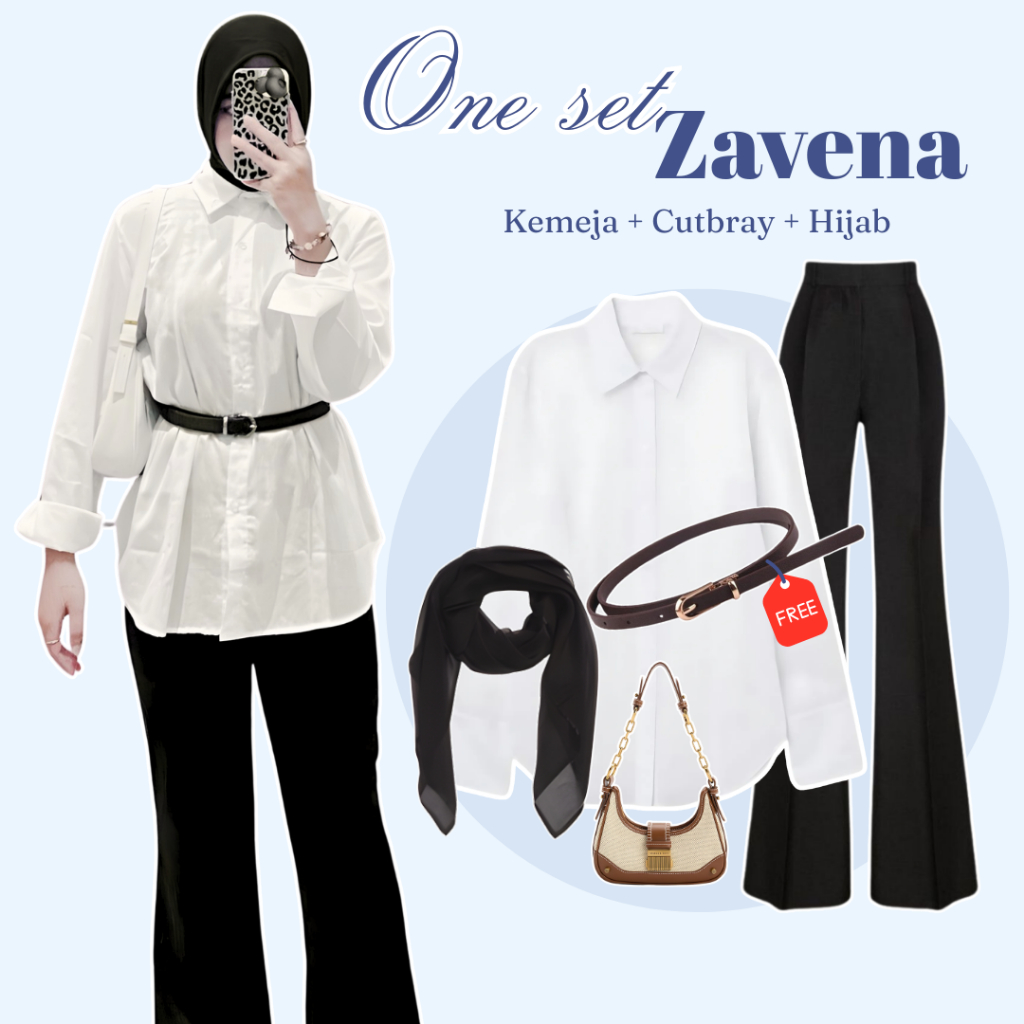 Oneset One set 4in1 kemeja basic polos celana cutbray flare pants scuba hijab bella free belt sabuk 