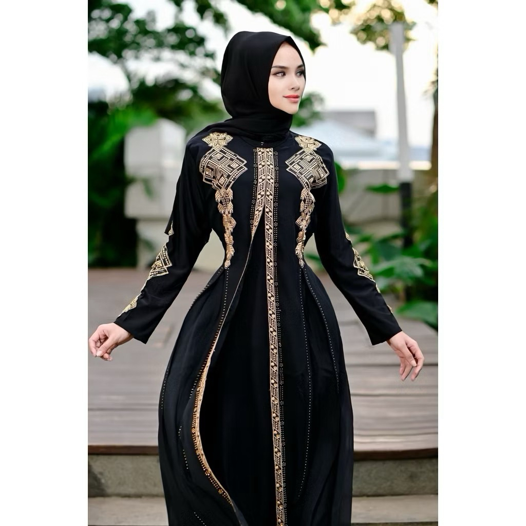 GAMIS ABAYA TURKEY BORDIR GOLD DAN FULL HITAM RAYYA DUBAI ARAB SERIES/DRES WANITA MUSLIMAH