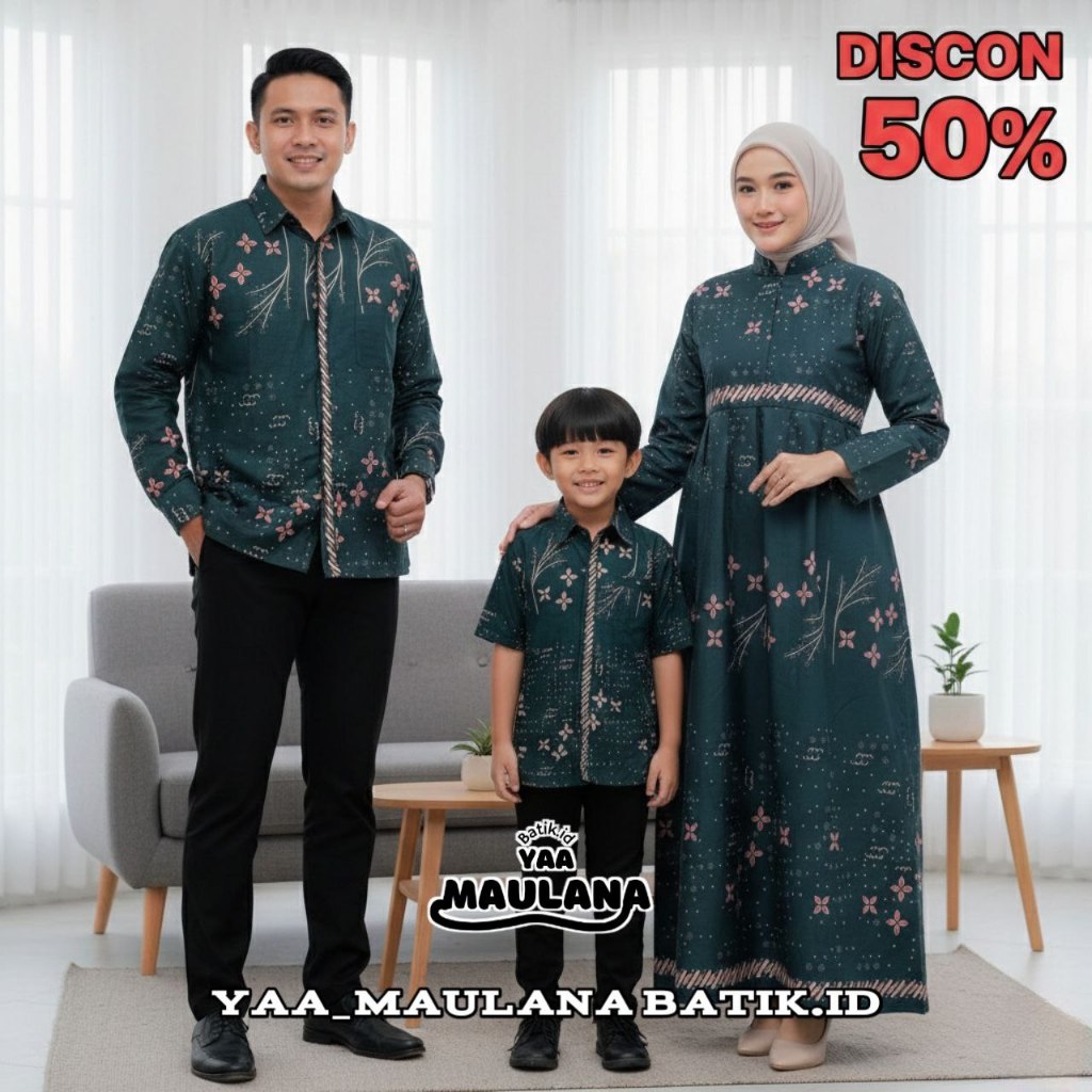 Set Batik Couple Keluarga Warna Hijau Emerald Seragam Modern Motif Anjani - Adem, Nyaman, Seragam Ke
