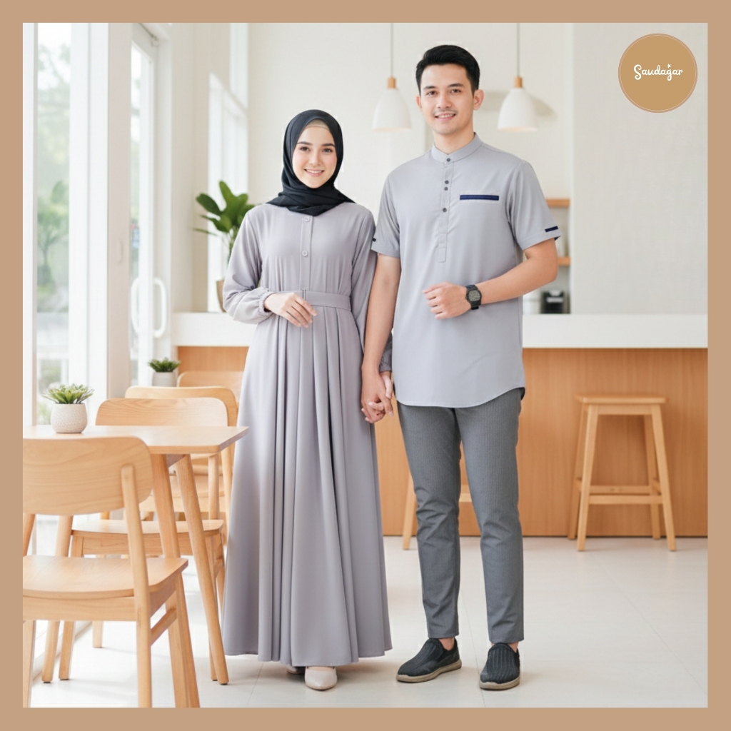 Gamis Couple Pasangan Suami Istri Idaman Warna Abu Terbaru by Saudagar Baju Muslim