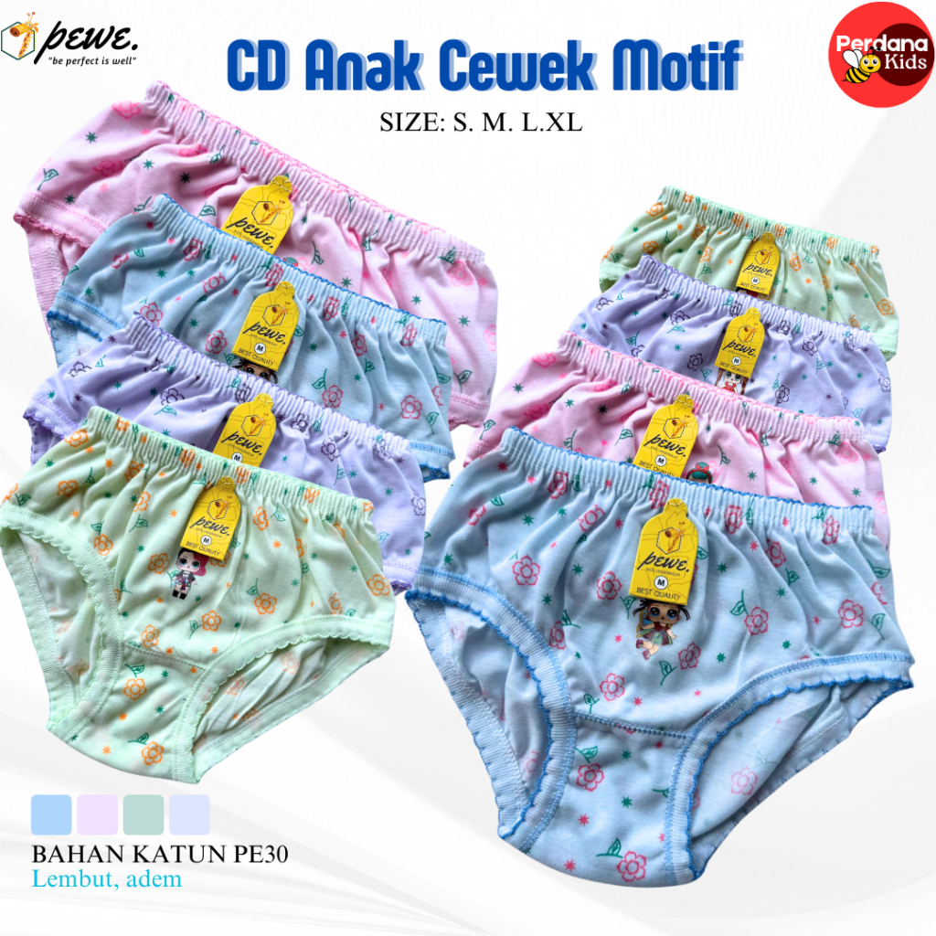 6 Pcs CD anak Cewe Merek Pewe Motif Print Usia 8Thn Bahan Katun Adem Lembut Nyaman / Cancut Perempua