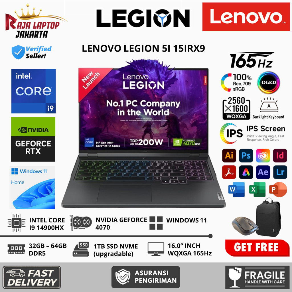 Lenovo Legion 5i 15IRX9 Intel i9 14900HX 64GB 2TB SSD RTX4070-8GB WQXGA IPS 165HZ RGB Windows 11