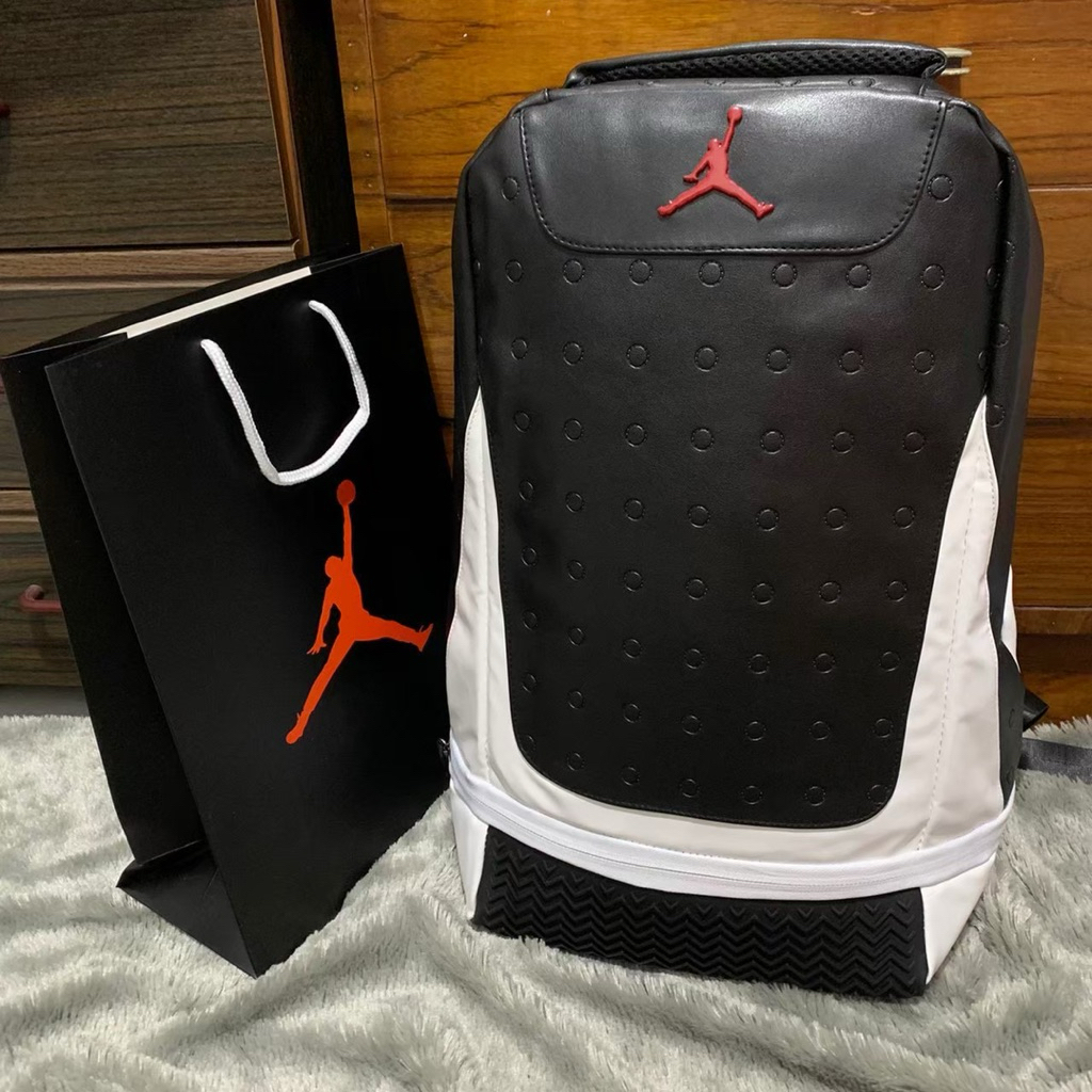 BACKPACK JORDAN RETRO LEATHER BLACK WHITE || TAS RANSEL KULIT TEBAL ANTI AIR