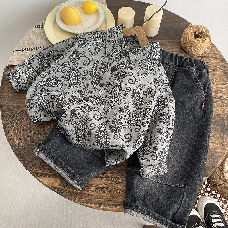 Setelan Anak laki Laki Kemeja Lengan Panjang Paisley dan Celana Panjang Denim