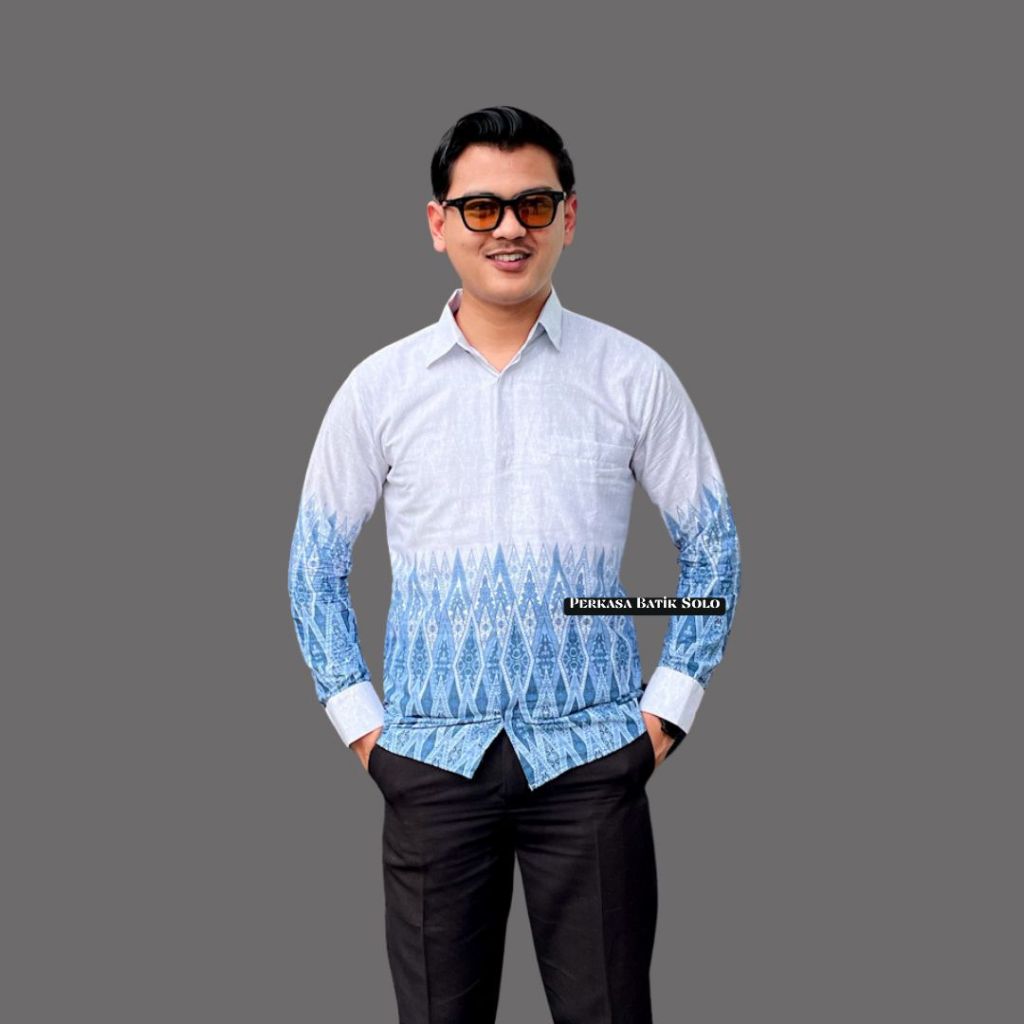 PERKASA BATIK Motif ATHAR PUTIH BIRU Atasan Kemeja Koko Batik Pria Premium Lengan Panjang Slimfit Ba