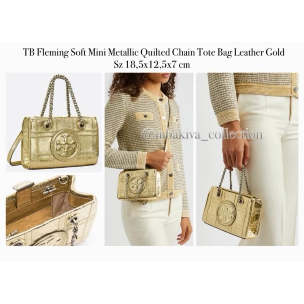 TB Fleming Soft Mini Metallic Quilted Chain Tote Bag Leather Gold